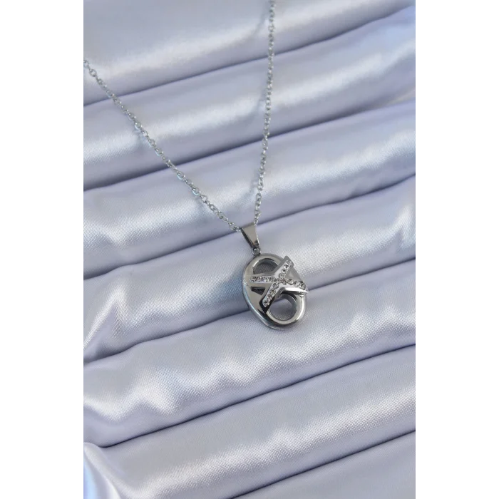 316L Çelik Gümüş Renk Zirkon Taşlı Kadın Kolye