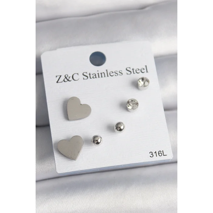 316L Çelik Gold Renk Zirkon Taşlı Kalpli Kadın Küpe Seti