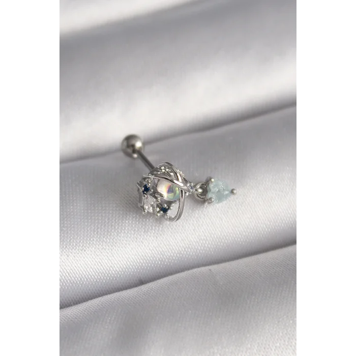 316L Çelik Gümüş Renk Zirkon Taşlı Sallantı Kalp Detay Tragus Piercing