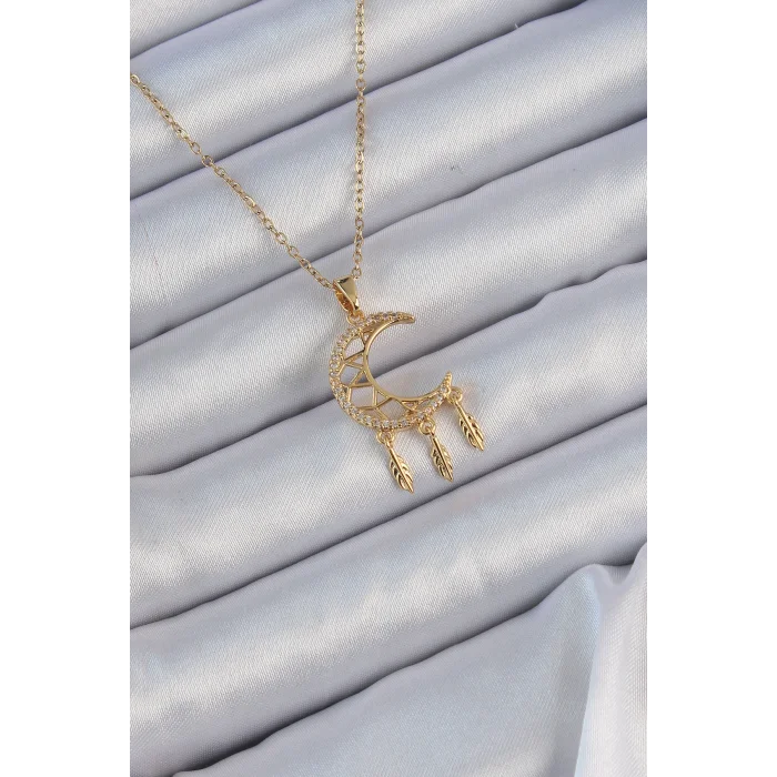 316L Çelik Zincir Altın Renk İşlemeli Zirkon Taşlı Ay Kolye