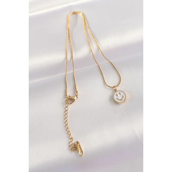 316L Çelik Zincir Altın Renk Mermer Desenli Minimal Smile Kolye