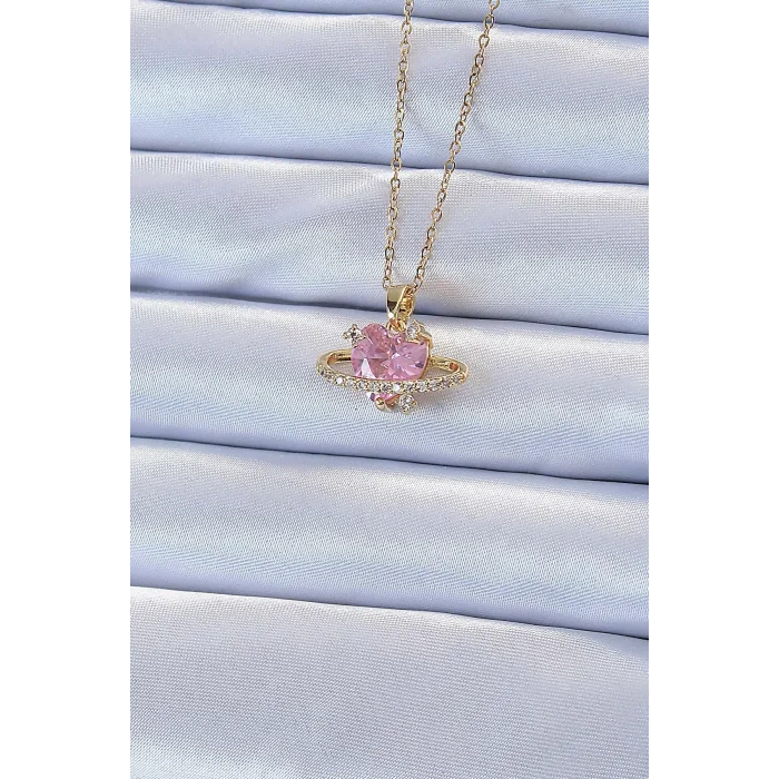 316L Çelik Zincir Altın Renk Pembe Zirkon Taşlı Satürn Görünümlü Kalp Kolye