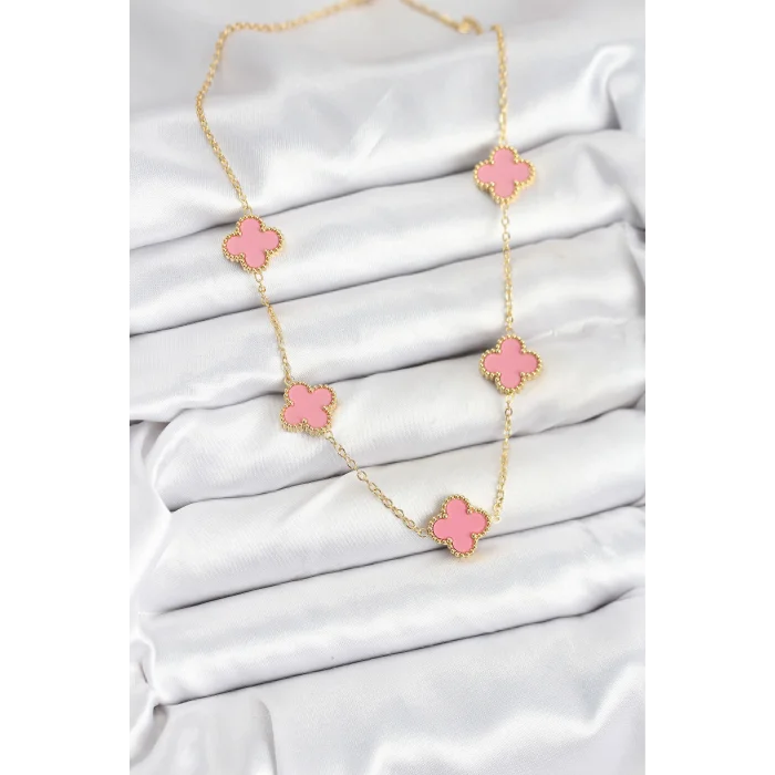 316L Çelik Zincir Gold Pembe Renk Yonca Kadın Kolye