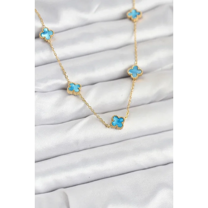 316L Çelik Zincir Gold Renk Buz Mavisi Baby Boy Yonca Kadın Kolye