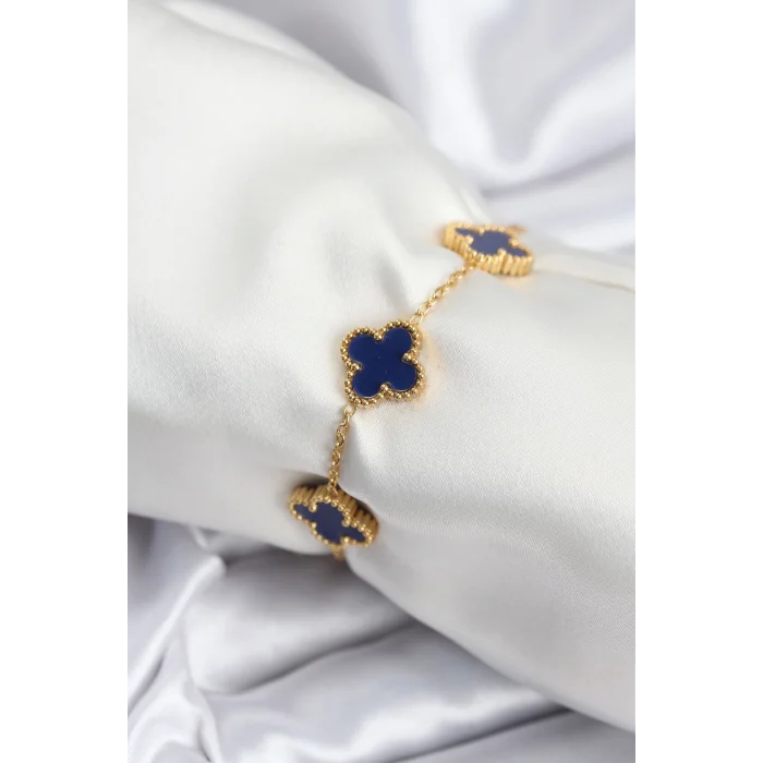 316L Çelik Zincir Gold Renk Lacivert Yonca Kadın Bileklik