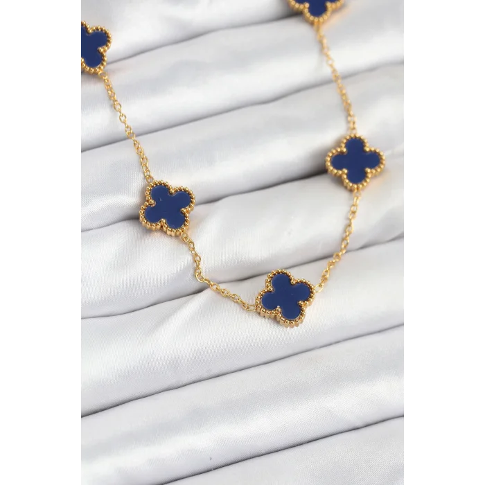 316L Çelik Zincir Gold Renk Lacivert Yonca Kadın Kolye
