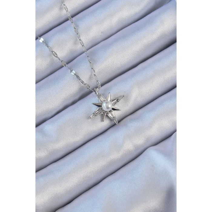 316L Çelik Zincir Gümüş Renk Baget Taşlı İnci Detay Kutup Yıldızı Kolye
