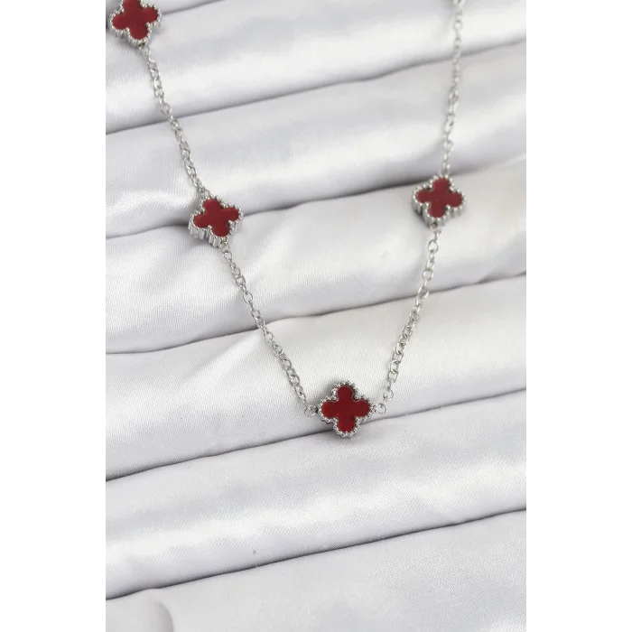 316L Çelik Zincir Gümüş Renk Bordo Baby Boy Yonca Kadın Kolye