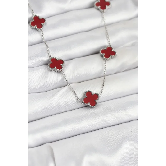 316L Çelik Zincir Gümüş Renk Bordo Renk Yonca Kadın Kolye