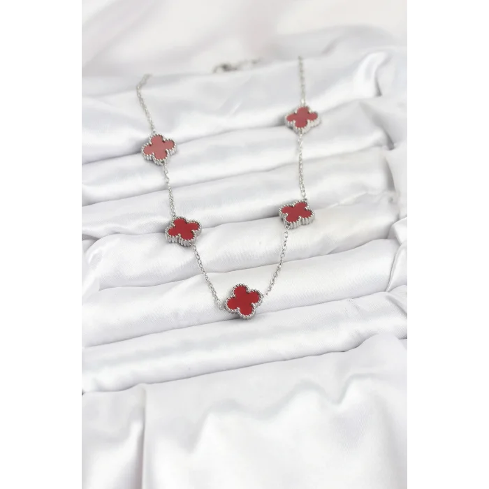 316L Çelik Zincir Gümüş Renk Bordo Renk Yonca Kadın Kolye