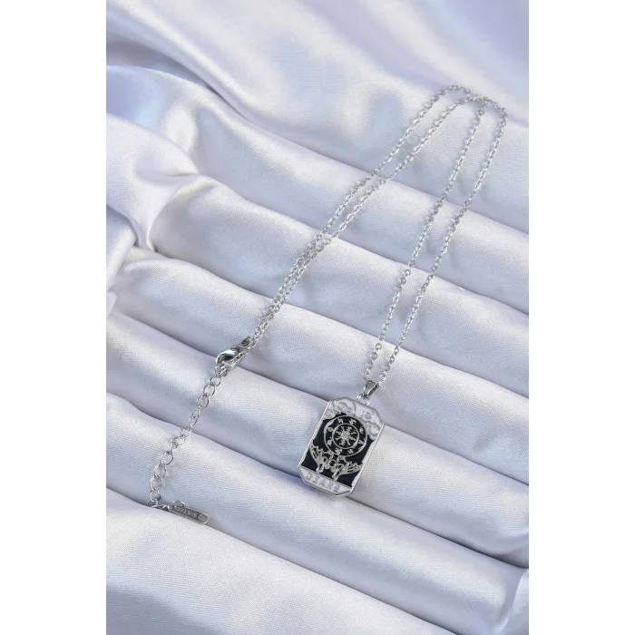 316L Çelik Zincir Gümüş Renk İşlemeli Siyah Mineli Tarot Kolye