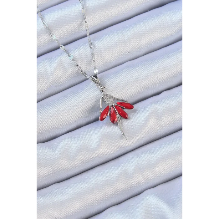 316L Çelik Zincir Gümüş Renk Kırmızı Etekli Zirkon Taşlı Balerin Kolye