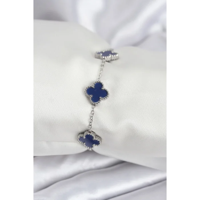 316L Çelik Zincir Gümüş Renk Lacivert Yonca Kadın Bileklik