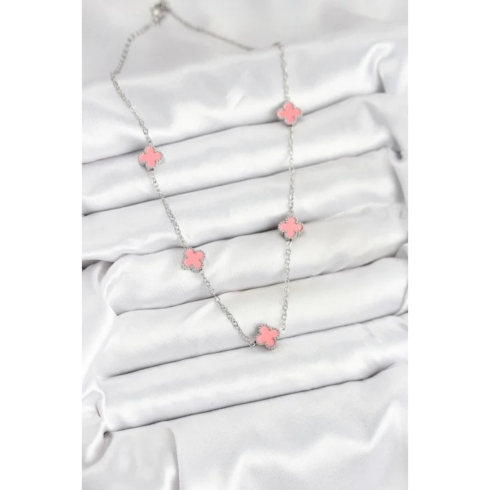 316L Çelik Zincir Gümüş Renk Pembe Baby Boy Yonca Kadın Kolye