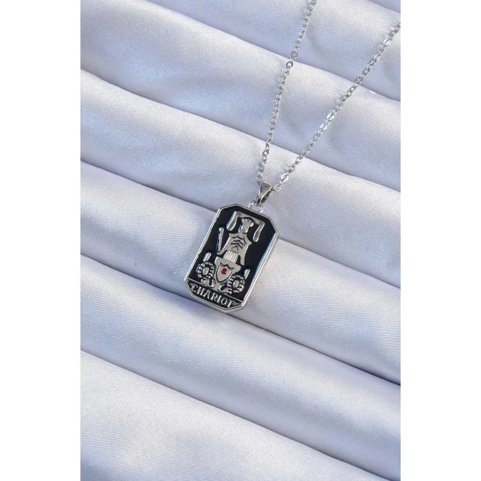 316L Çelik Zincir Gümüş Renk Siyah Mineli Tarot Kolye
