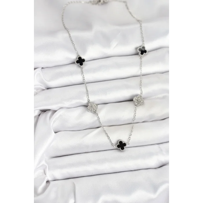 316L Çelik Zincir Gümüş Renk Siyah ve Zirkon Taşlı Baby Boy Yonca Kadın Kolye