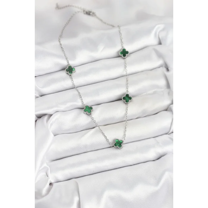 316L Çelik Zincir Gümüş Renk Yeşil Baby Boy Yonca Kadın Kolye