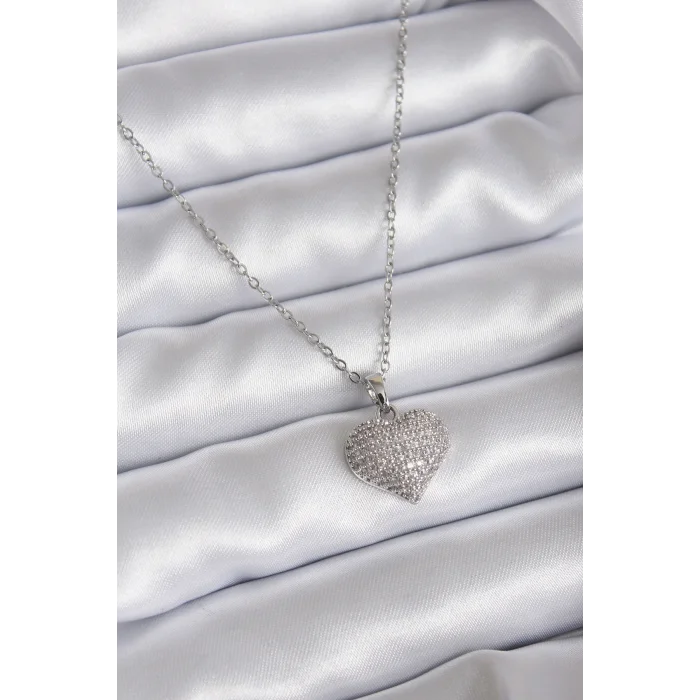 316L Çelik Zincir Gümüş Renk Zirkon Taş Detay Kalp Model Kadın Kolye