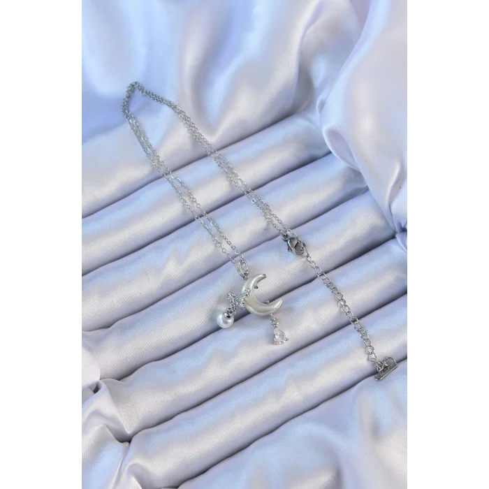 316L Çelik Zincir Gümüş Renk Zirkon Taşlı Kelebekli Mineli Ay Kolye