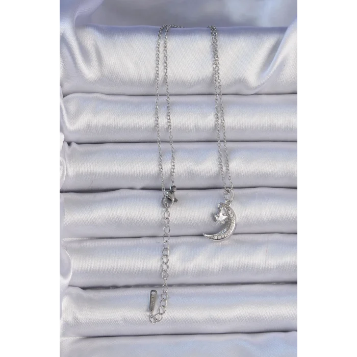 316L Çelik Zincir Gümüş Renk Zirkon Taşlı Sallantılı Ay Yıldız Kolye