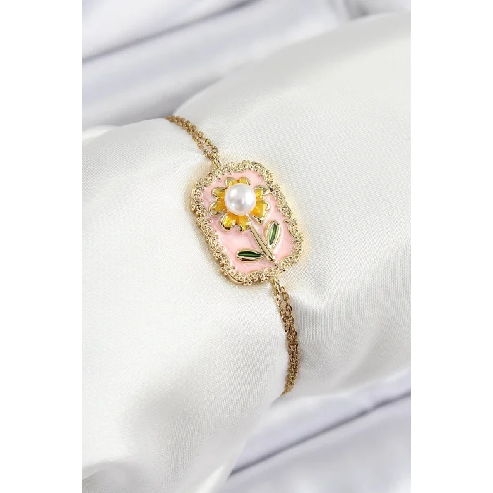 316L Çelik Zincir Pembe Mineli Sanatsal Portre İnci Detaylı Papatya Model Gold Renk Kadın Bileklik