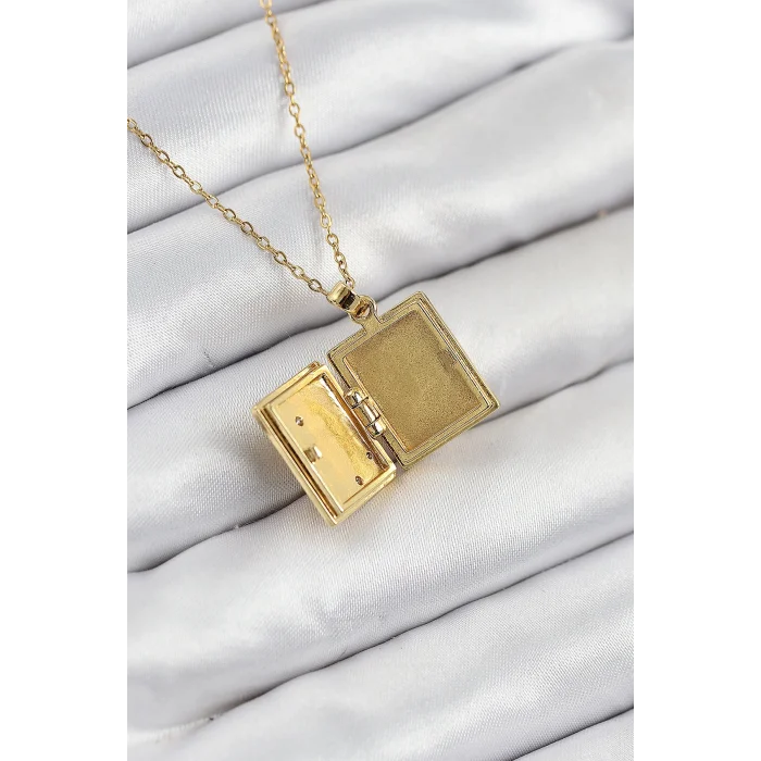 316L Çelik Zirkon Taşlı Açılabilr Kapaklı Kitap Model Gold Renk Kadın Kolye