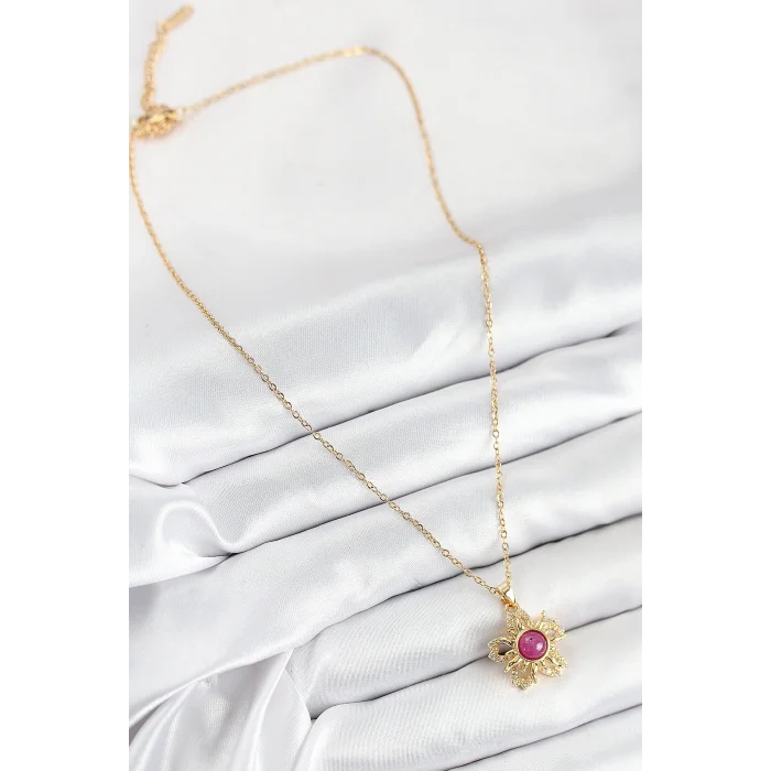 316L Çelik Zirkon Taşlı Döner Güneş Model Gold Renk Kadın Kolye