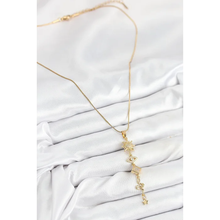 316L Çelik Zirkon Taşlı Güneş Ve Ay Enerji Model Gold Renk Kadın Kolye