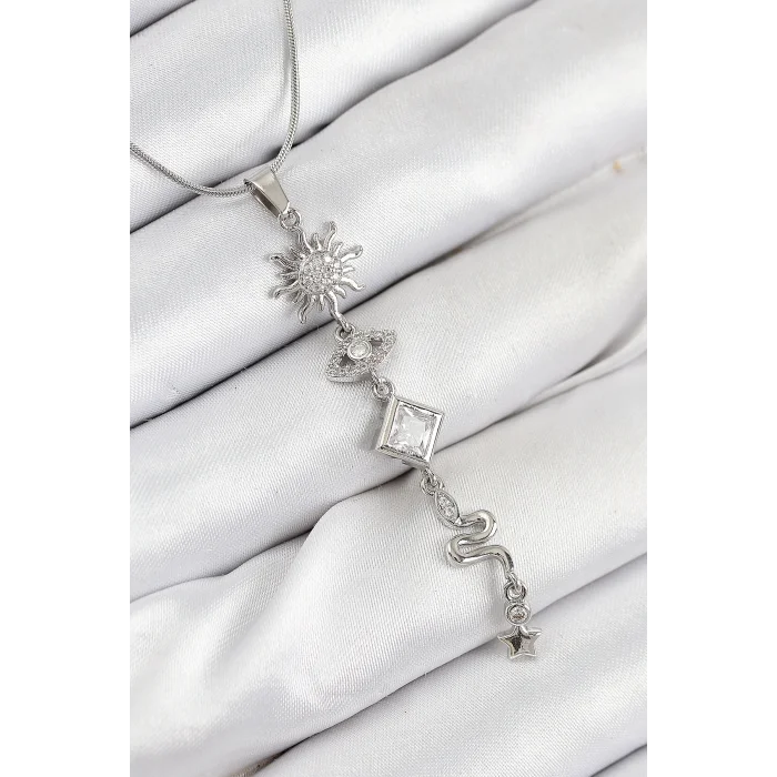 316L Çelik Zirkon Taşlı Güneş Ve Ay Enerji Model Gümüş Renk Kadın Kolye