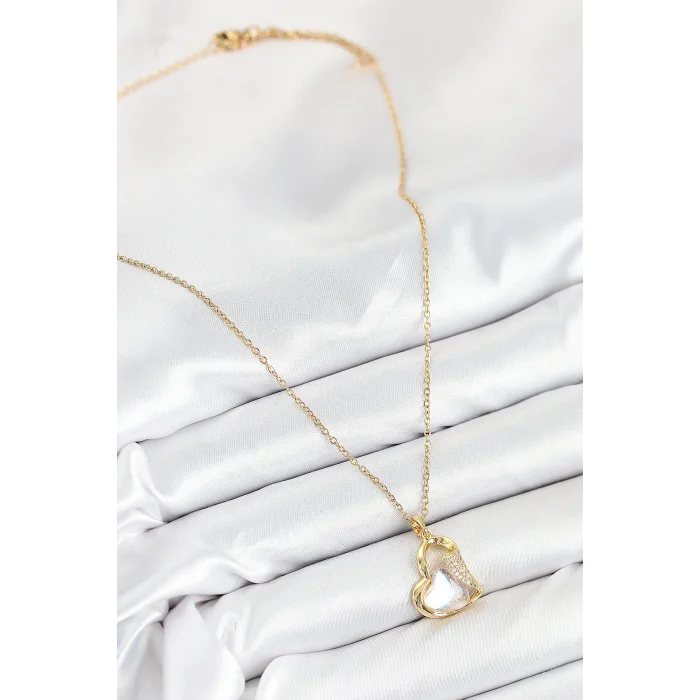 316L Çelik Zirkon Taşlı Kalp Model Gold Renk Kadın Kolye