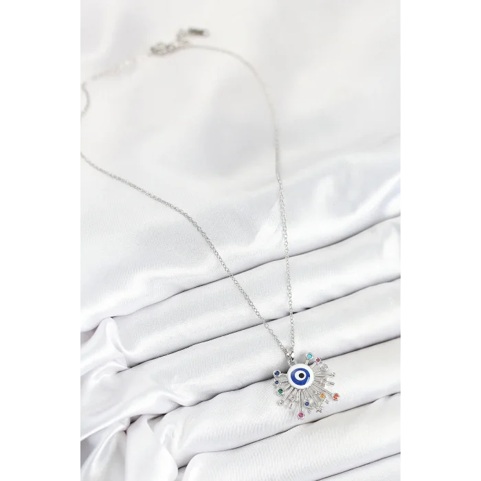 316L Çelik Zirkon Taşlı Nazar Model Gümüş Renk Kadın Kolye
