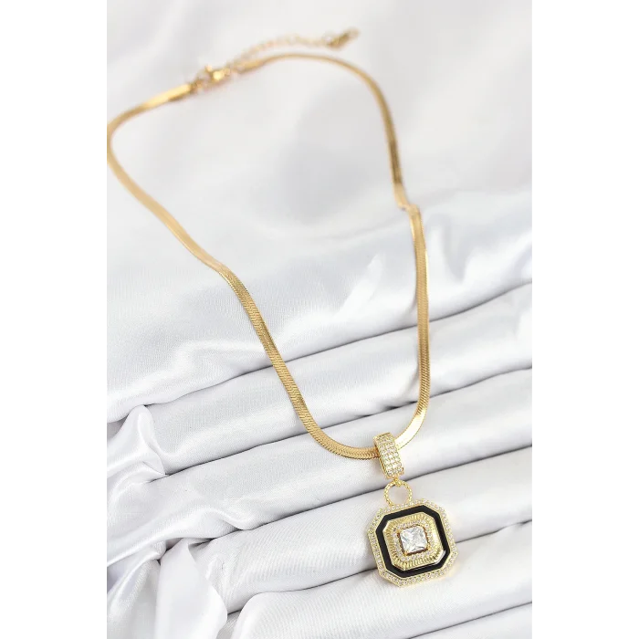 316L Çelik Zirkon Taşlı Siyah Detaylı Baget Model Gold Renk Kadın Kolye