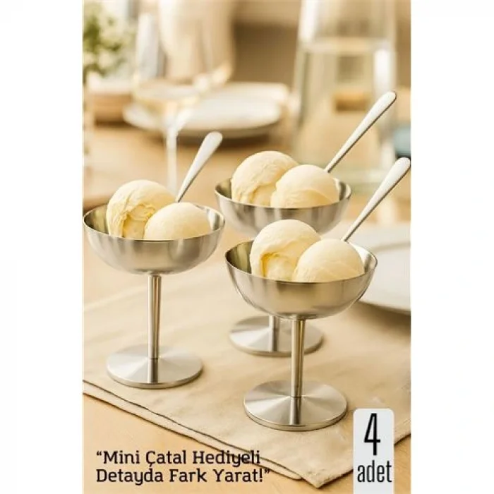 4 lü Gümüş Inox Çelik Ayaklı Dondurma ve Sunum Kasesi – Tatlı, Lokum ve Sunum Kabı