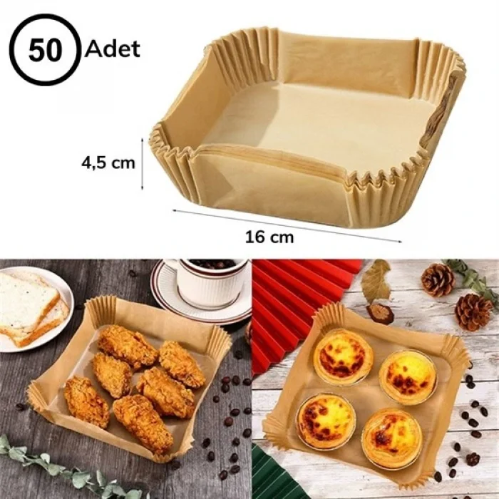 50 Adet Air Fryer Pişirme Kağıdı Tek Kullanımlık Hava Fritöz Yağ Geçirmez Yapışmaz Kare Tabak Model (5047)