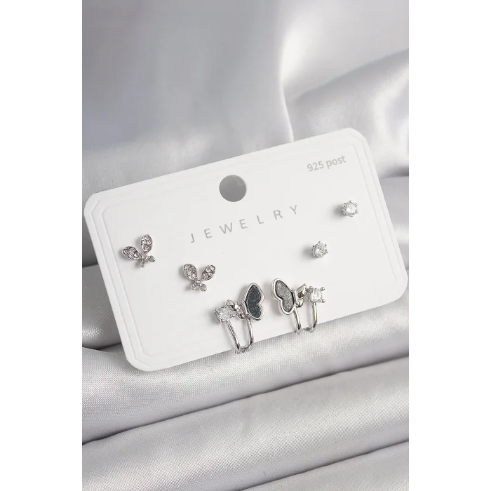 925 Ayar Gümüş Çivi Pirinç Gümüş Renk Zirkon Taşlı Kelebek Model Kadın Küpe Seti