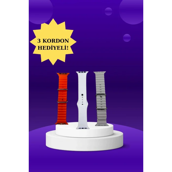 Akıllı Saat Arama Görüşme Bildirim Görme Uyku ve Sağlık Takibi Nabız Ölçer 3 Kordon Hediyeli