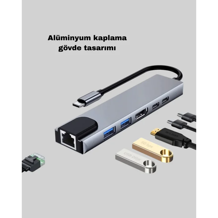 Alüminyum Kasalı MacBook USB-C Hub – 4K HDMI, USB 3.0, SD/TF Kart Girişi, PD Şarj Desteği