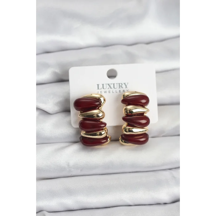 Bordo Renk Pirinç Vintage Kadın Küpe