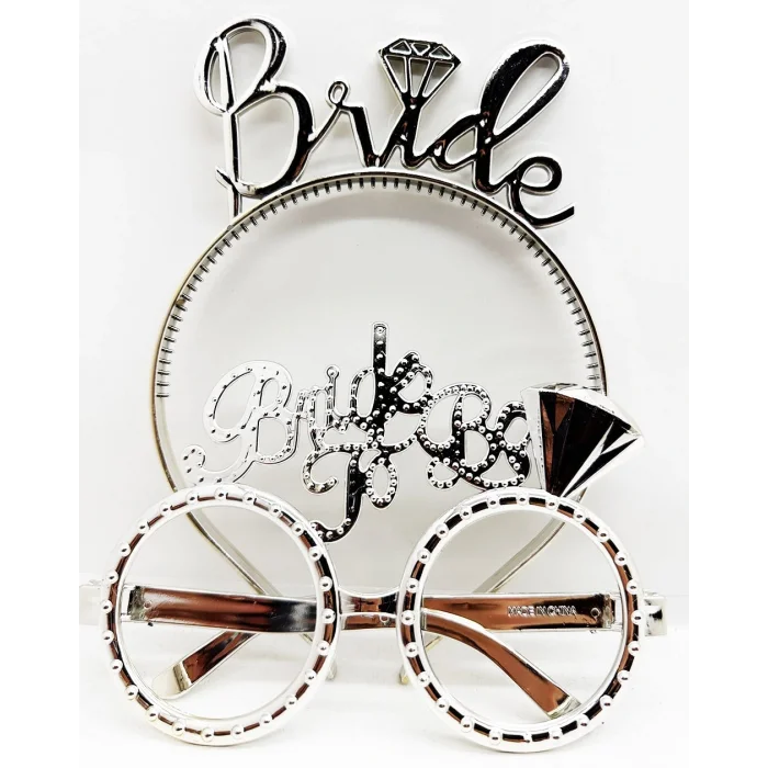 Bride Yazılı Taç ve Bride To Be Yazılı Gözlük Seti Gümüş Renk (5047)