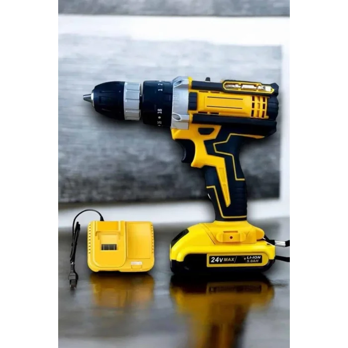 Çift Bataryalı Metal Dişli Darbeli Şarjlı Matkap Seti 24W Güç ve 24 Parça Aksesuar