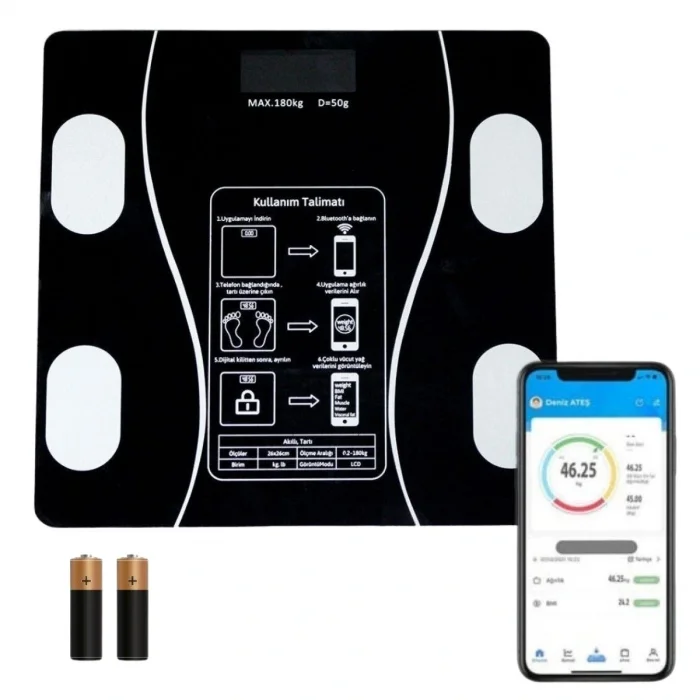 Dijital Baskül Yağ Ölçer Fonksiyonlu Akıllı Baskül Bluetooth Bağlantılı Tartı (5047)
