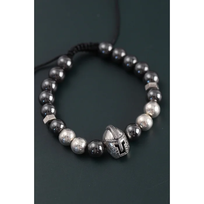 Doğal Taş Gladyatör Model Gümüş Ve Füme Renk Asansörlü Erkek Bileklik