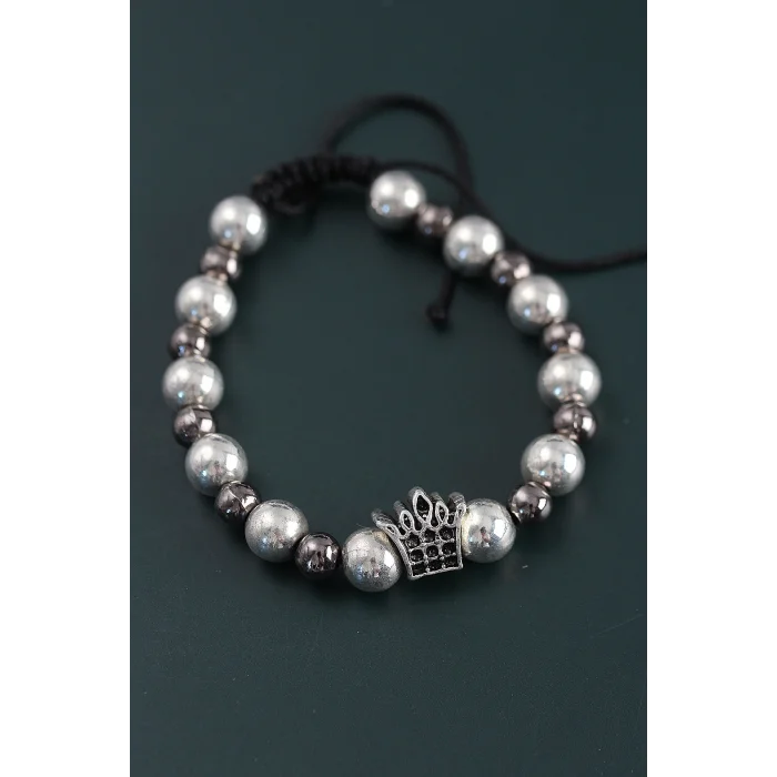 Doğal Taş Kral Tacı Model Gümüş Ve Füme Renk Asansörlü Erkek Bileklik