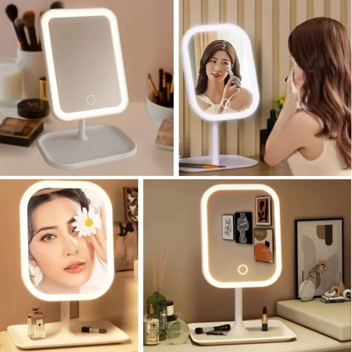 Dokunmatik LED Işıklı Kare Makyaj Aynası – Altı Organizer Kaseli, Ayarlanabilir Aydınlatmalı Masaüstü Makyaj ve Cilt Bakım Aynası (5047)
