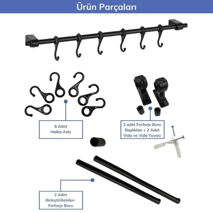 Duvara Monte Edilen 6 Kancalı Dekor Kaşıklık ve Kupa Askısı (5047)