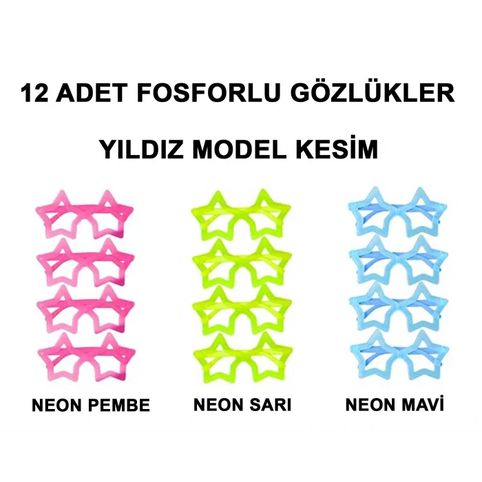 Fosforlu Yıldız Model Glow Parti Gözlüğü Karanlıkta Yanan Gözlükler 12 Adet (5047)