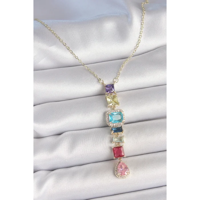 Gold Karışık Renk Zirkon Taşlı Y Pirinç Kolye