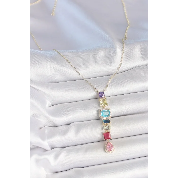 Gold Karışık Renk Zirkon Taşlı Y Pirinç Kolye