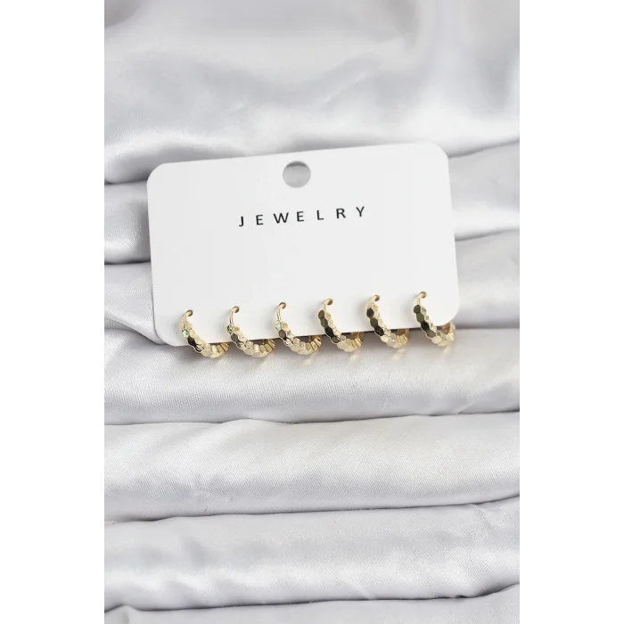 Gold Renk Pirinç Minimal Petek Detaylı Kadın Küpe Seti