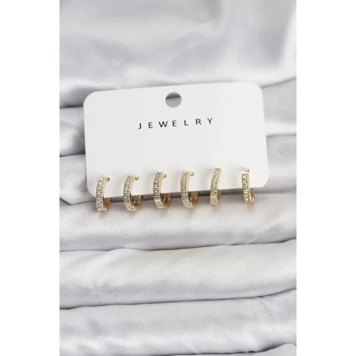 Gold Renk Pirinç Zirkon Taşlı Halka Kadın Küpe Seti